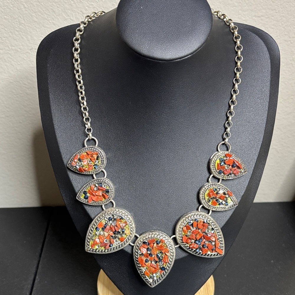 Charming Charlie Silver and Orange Chip Bead Mosaic Necklace